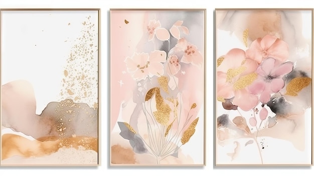 Abstracte aquarel illustratie met blozen roze ivoor en beige tinten en gouden accenten op witte achtergrond