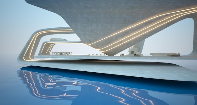 Abstracte architectonische betonnen hout- en glazen interieur van een moderne villa met gekleurde neon