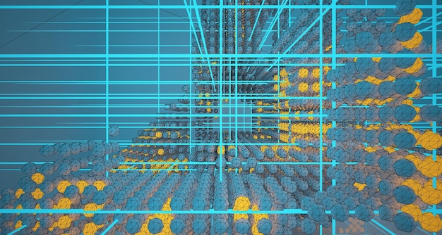 Abstracte architectonische tekening wit interieur van een array met kleurverloop neonverlichting 3D