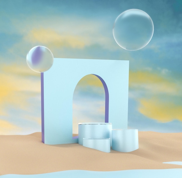 Abstracte architecturale structuur met bogen en vliegende glazen bollen op zandstrand en blauwe hemel 3d