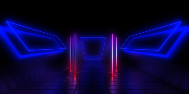 Abstracte architectuurtunnel met neonlicht. 3D-afbeelding