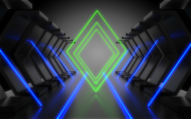 Abstracte architectuurtunnel met neonlicht. 3D-afbeelding