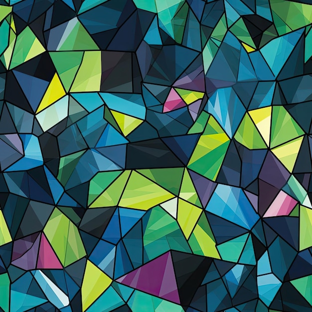 Abstracte behang met blauwgroene en zwarte driehoeken in een glas-in-lood stijl met tegels