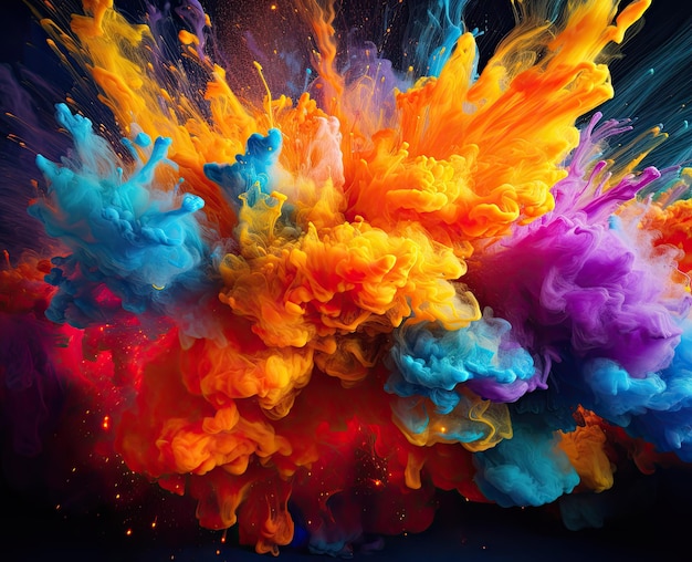 Abstracte behang van regenboog kleurrijke poederverf spat rook explosie op zwarte achtergrond