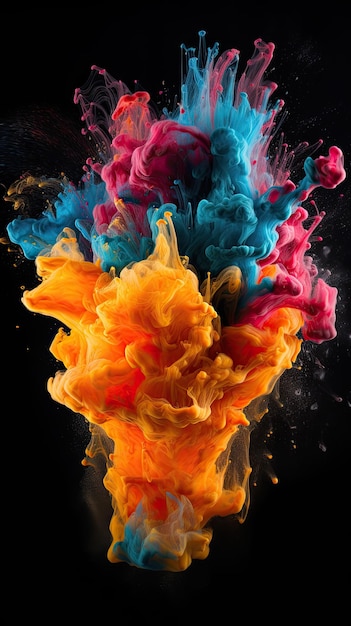 Abstracte behang van regenboog kleurrijke poederverf spat rook explosie op zwarte achtergrond