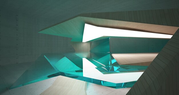 Abstracte betonnen en houten interieur multilevel openbare ruimte met venster 3D illustratie en render