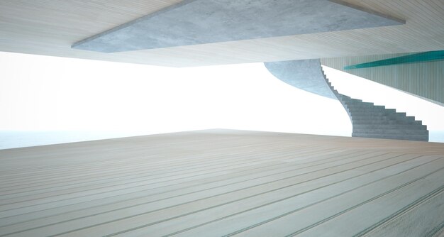 Abstracte betonnen en houten interieur multilevel openbare ruimte met venster 3D illustratie en render