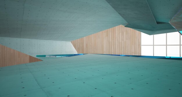 Abstracte betonnen en houten interieur multilevel openbare ruimte met venster 3D illustratie en render