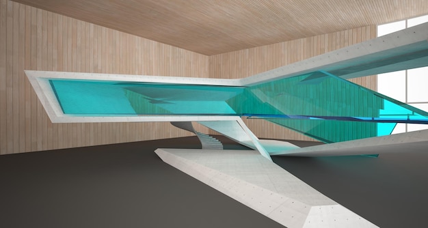 Abstracte betonnen en houten interieur multilevel openbare ruimte met venster 3D illustratie en render
