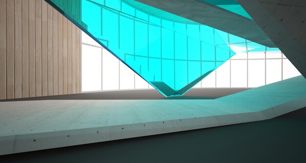 Abstracte betonnen en houten interieur multilevel openbare ruimte met venster 3D illustratie en render