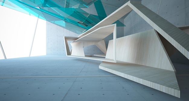 Abstracte betonnen en houten interieur multilevel openbare ruimte met venster 3D illustratie en render