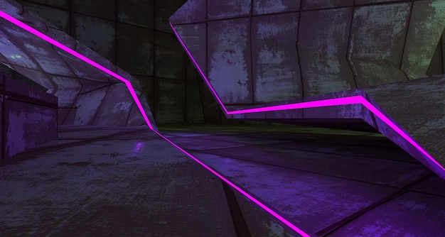 Abstracte betonnen futuristische SciFi-interieur met roze en blauwe gloeiende neonbuizen 3D-illustratio