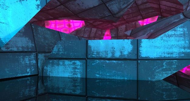 Abstracte betonnen futuristische SciFi-interieur met roze en blauwe gloeiende neonbuizen 3D-illustratio