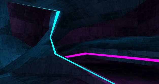 Abstracte betonnen futuristische SciFi-interieur met roze en blauwe gloeiende neonbuizen 3D-illustratio