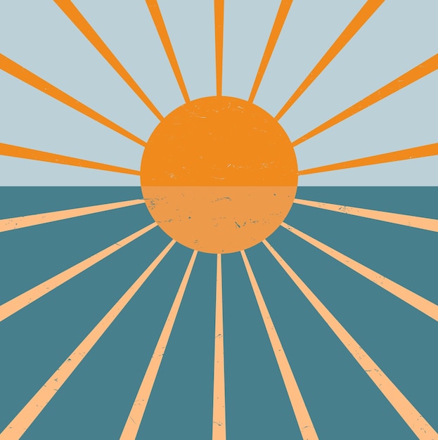 Abstracte blauwe achtergrond met oranje zon en stralen vintage en shabby achtergrond