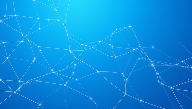 Abstracte blauwe achtergrond met witte gloeiende lijnen en punten die een netwerkpatroon creëren