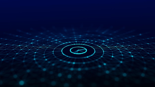 Abstracte blauwe achtergrond van circulaire stroom van deeltjes Digitale cyberspace Netwerkverbindingen structuur 3D-rendering