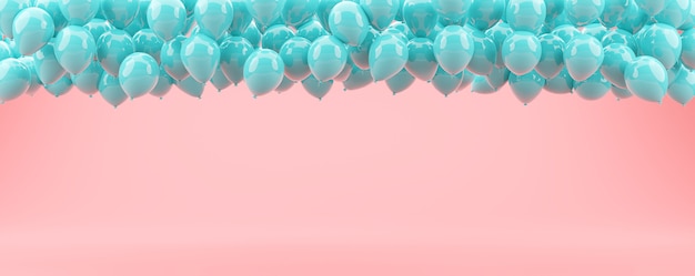 Abstracte blauwe ballonnen drijvend in roze pastel achtergrond Mini webbanner met ruimte