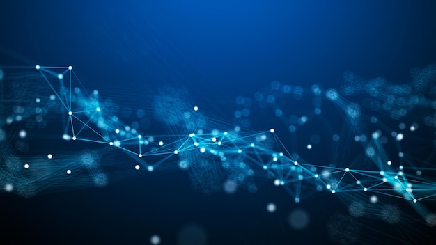 Abstracte blauwe digitale achtergrond Visualisatie van big data Netwerkverbinding Wereldwijde verbinding met internet Wetenschappelijke achtergrond met lijnen en punten 3D-rendering