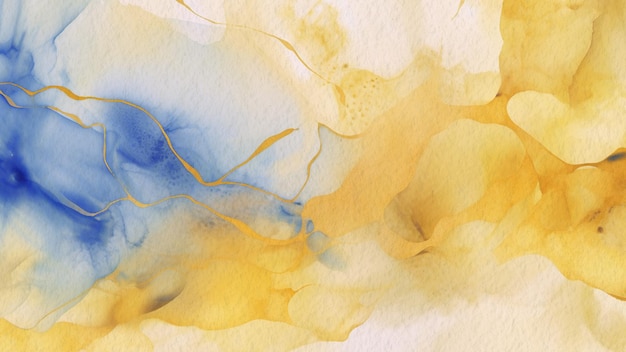 Abstracte blauwe en gele marmeren textuur aquarel achtergrond op papier met gouden lijntekeningen
