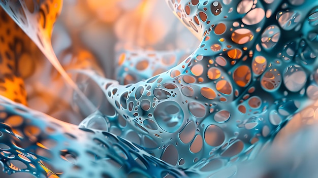 Abstracte blauwe en oranje organische 3D-structuur die lijkt op een koraal of een spons