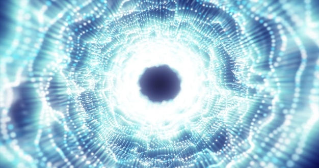 Abstracte blauwe energietunnel gemaakt van deeltjes en een raster van hightech lijnen met een gloeiende