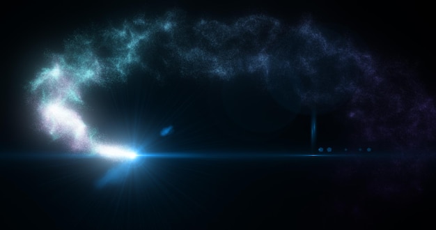 Abstracte blauwe gloeiende energie magische deeltjes komeet die langs de futuristische hitech van de padlijn vliegt