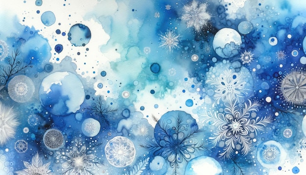 Abstracte blauwe winter waterverf achtergrond met kleine sneeuwvlokjes