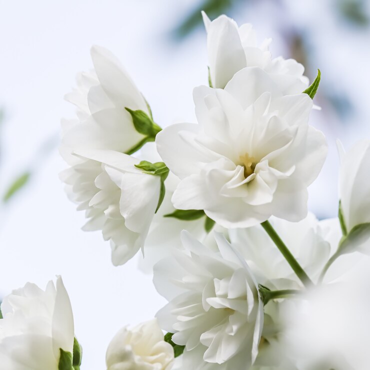 Foto abstracte bloemenachtergrond witte badstof jasmijn bloemblaadjes macro bloemen backdrop
