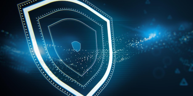 Abstracte breed perspectief gloeiende schild hologram op blauwe achtergrond met verschillende wazige pictogrammen Cyber security data bescherming concept moderne draadframe ontwerp 3D-Rendering