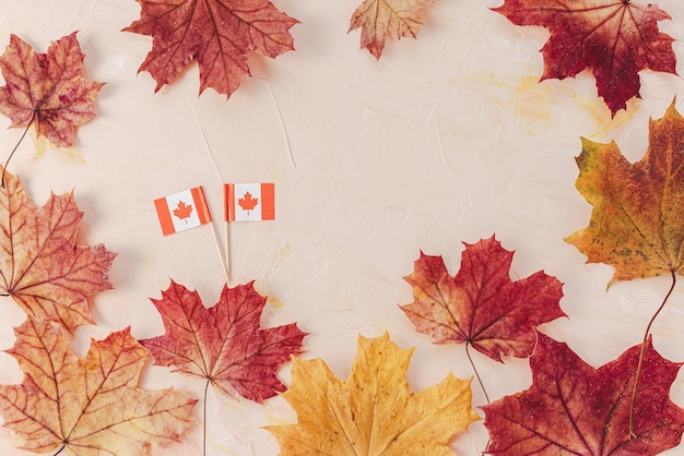 Abstracte canada achtergrond met kleine vlaggen en esdoorn bladeren