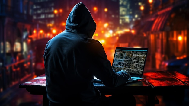 Abstracte capuchon hacker met verborgen gezicht werkend op laptopTechnologie cyberpunk achtergrond Cinemati