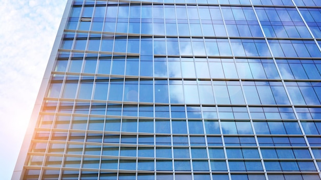 Abstracte close-up van de glazen gevel van een modern gebouw bedekt met reflecterend glas