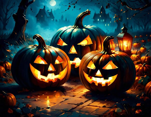 Abstracte comic stijl Halloween pompoenen met herfstbladeren poster in oranje en blauwe kleuren