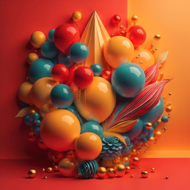 abstracte compositie met veelkleurige ballonnen en papieren vliegtuig generatieve ai