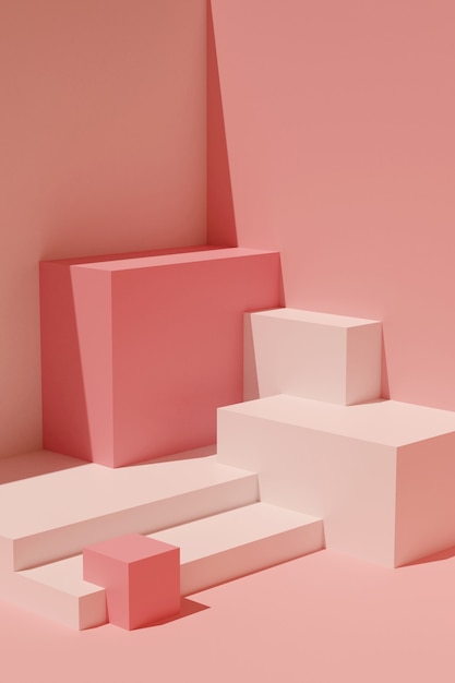 Abstracte compositie van geometrische vormen. Lege sokkels voor presentatie. Minimalistische orthogonale 3D render in roze tinten.