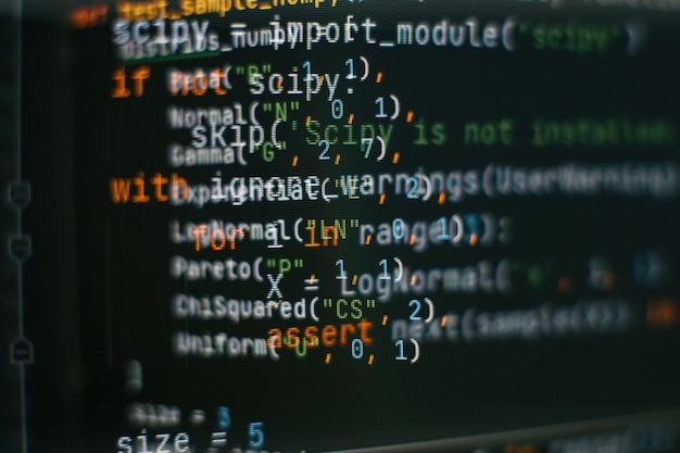 Abstracte computerscriptcode. Programmeercodescherm van softwareontwikkelaar. Software Programmering Werktijd. Codetekst volledig door mijzelf geschreven en gemaakt.