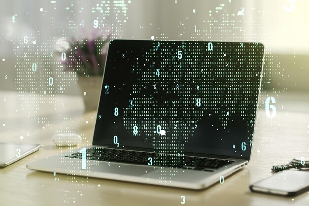 Abstracte creatieve codering illustratie met wereldkaart op moderne computer achtergrond internationale software ontwikkelingsconcept Multiexposure