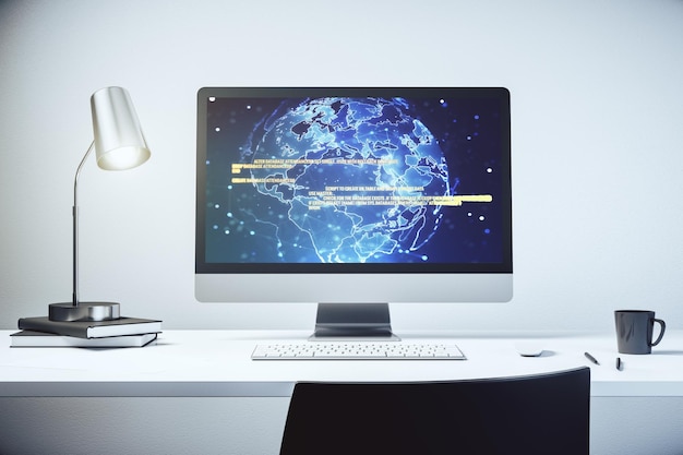 Abstracte creatieve coderingsillustratie met wereldkaart op moderne computermonitor internationaal softwareontwikkelingsconcept 3D-rendering