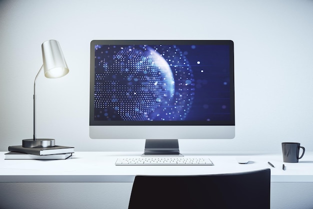 Abstracte creatieve digitale wereldkaart op moderne laptop monitor toerisme en reizen concept 3D Rendering