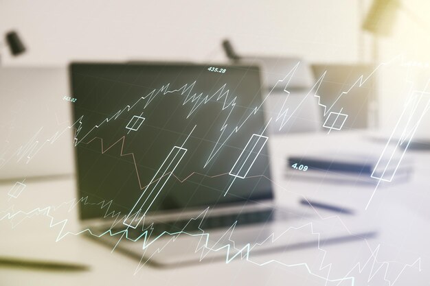 Abstracte creatieve financiële grafiek op moderne laptop achtergrond financieel en handelsconcept Multiexposure