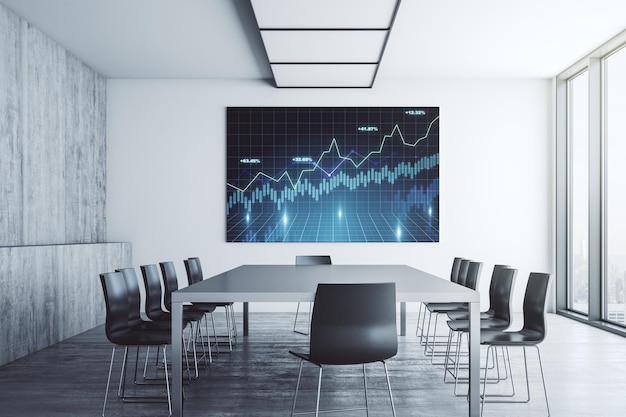 Abstracte creatieve financiële grafiek op presentatie tv-scherm in een moderne vergaderruimte onderzoek en strategie concept 3D Rendering