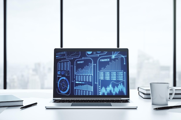 Abstracte creatieve stats data concept op moderne laptop scherm 3D Rendering
