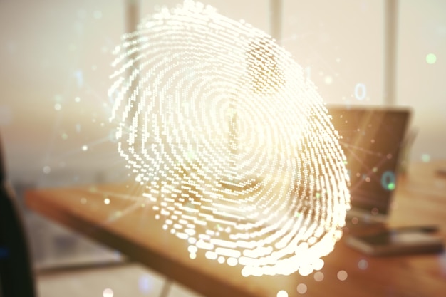 Abstracte creatieve vingerafdruk illustratie op moderne computer achtergrond persoonlijke biometrische gegevens concept Multiexposure