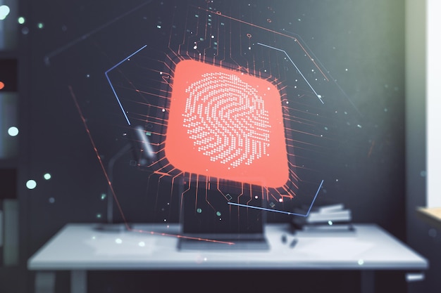 Abstracte creatieve vingerafdrukillustratie en moderne desktop met pc op achtergrond persoonlijke biometrische gegevensconcept Multiexposure