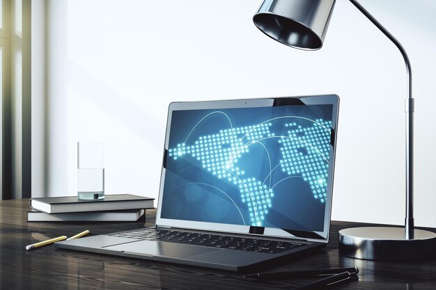 Abstracte creatieve wereldkaart met verbindingen op moderne laptop scherm internationale handelsconcept 3D-rendering