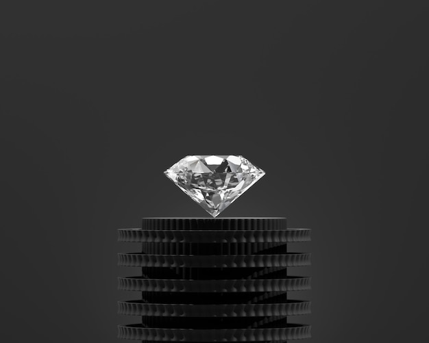 Abstracte diamant edelsteen geplaatst op zwarte podium achtergrond 3d render