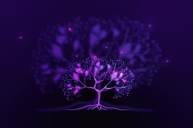 Abstracte digitale boom op wazige paarse achtergrond Big data en netwerkverbinding concept 3D-rendering