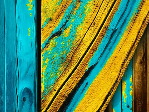 Abstracte digitale kunst van een levendige donkere en lichte cyan en geel gekleurde licht verweerd hout met