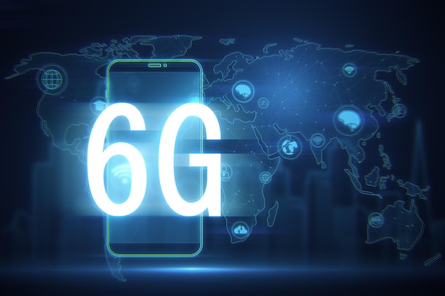 Abstracte digitale telefoon met 6G en kaarthologram veelhoekige verbindingen op wazige blauwe achtergrond Internetsnelheid en communicatieconcept 3D Rendering